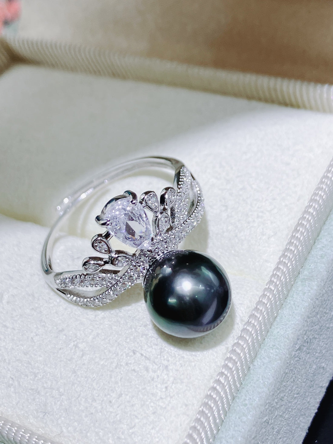 Crown Design Tahitian Pearl Ring | Adjustable · S925 Sterling Silver · Black Pearl