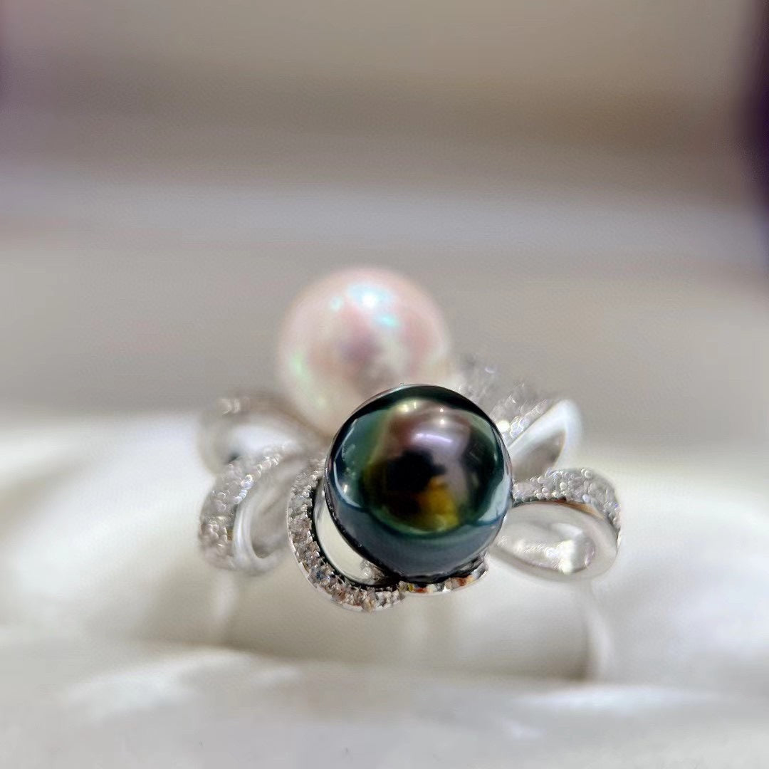 Tahitian Double Pearl Ring | 8mm · Near Round · Strong Luster · Minor Blemishes