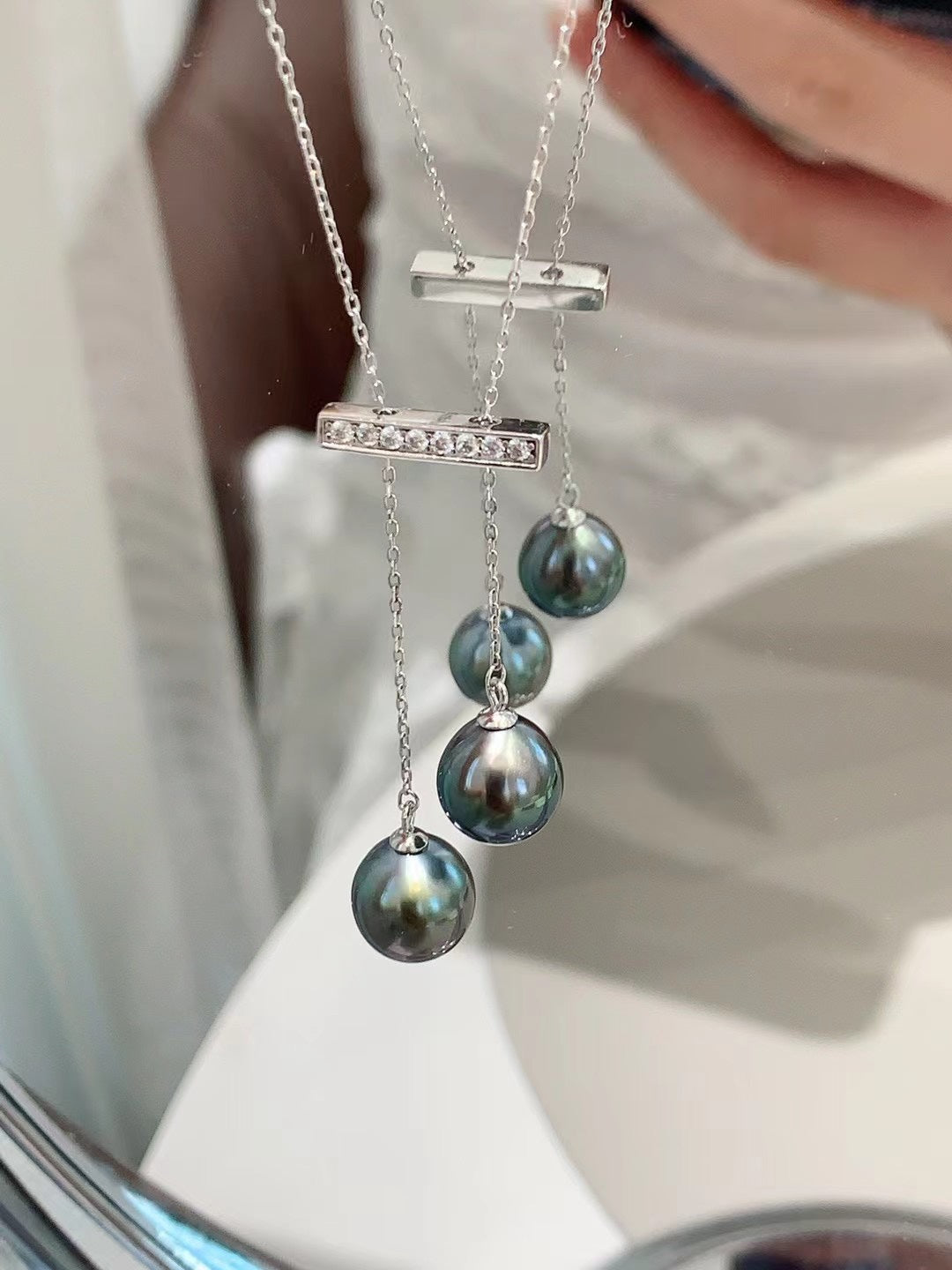 Tahitian Double Pearl Pendant | 9–10mm · Near Round · Minimal to Slight Blemishes · S925 Sterling Silver with 18K White Gold Plating