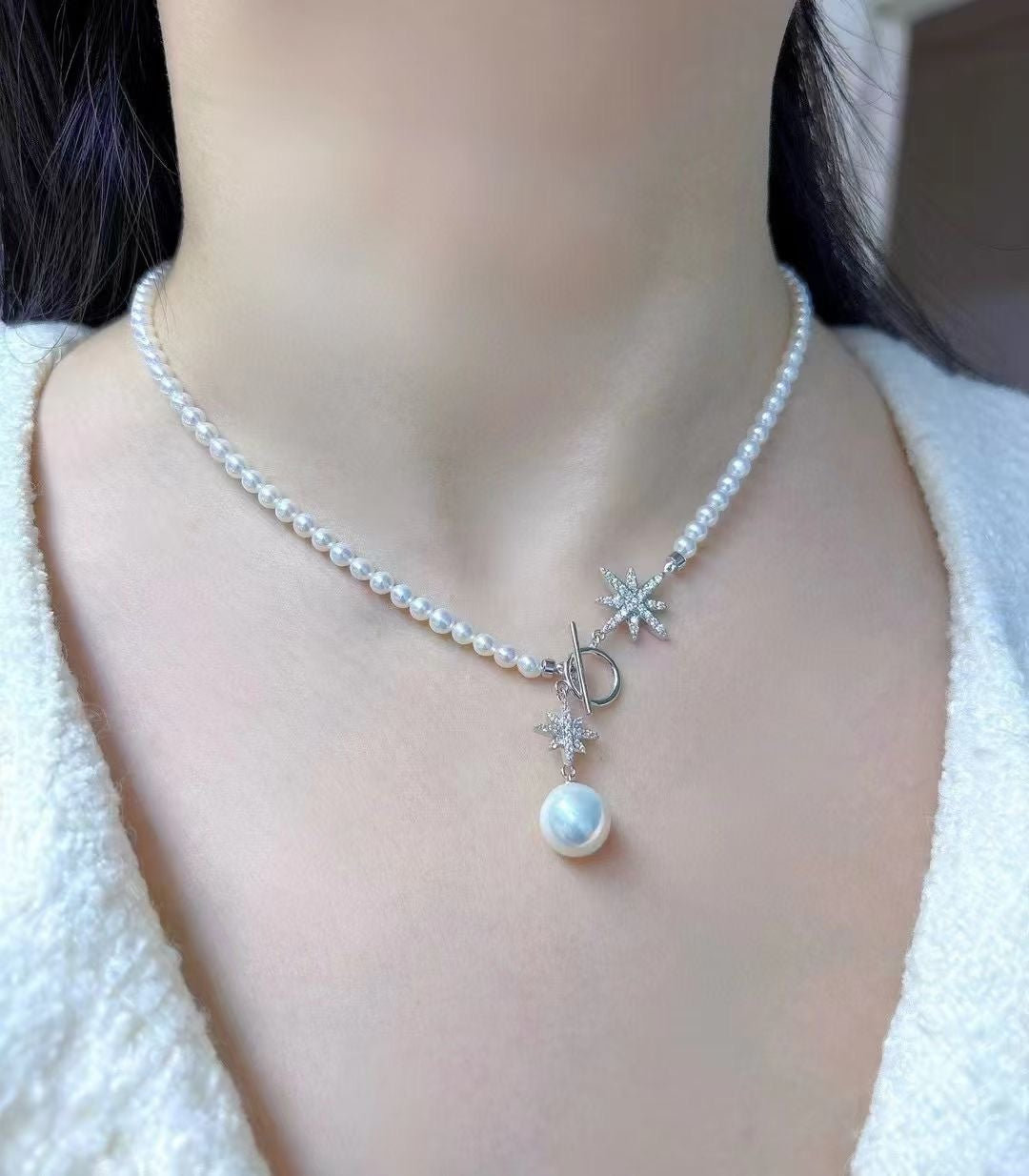 Freshwater Pearl Necklace with Pendant | 3–4mm Round Pearls · Aurora Glow · 12–13mm Pendant Pearl