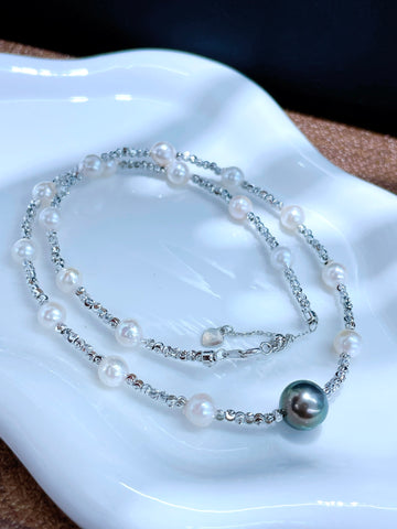 Akoya 和 Tahitian 珍珠“星光”项链 | 微型巴洛克风格 · 14K 镀金珠 · S925 纯银延长链