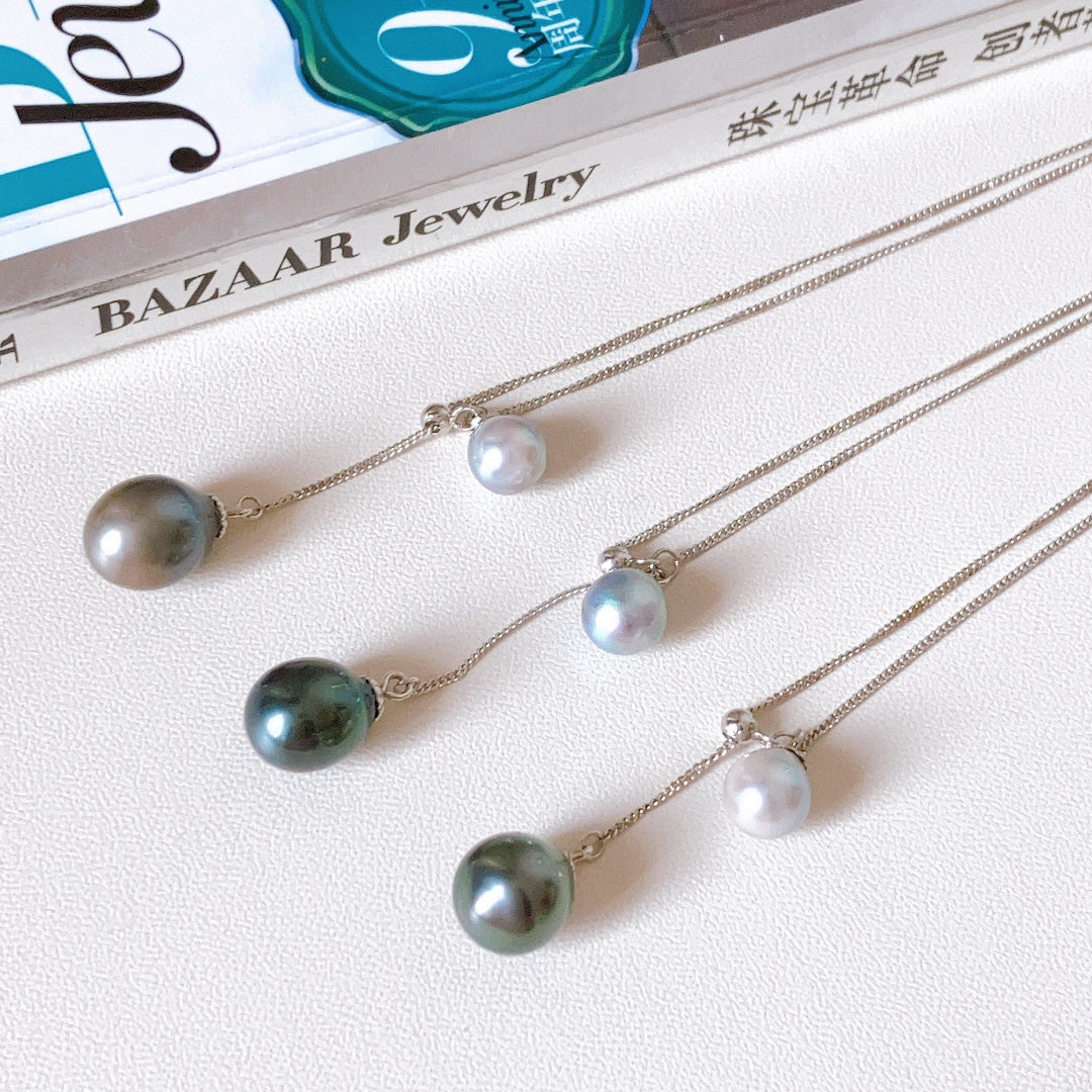 Tahitian &amp; Akoya Double Pearl Necklace | 6–7mm Akoya + ~9mm Tahitian · Near Round · Adjustable S925 Sterling Silver