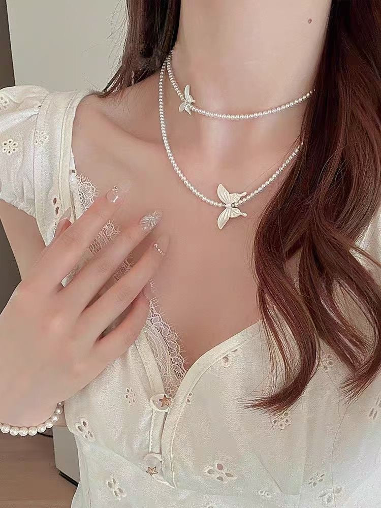 Freshwater Pearl Necklace Set | 3–4mm · Double-Layer Butterfly Design · Shell Detail · S925 Silver Clasp