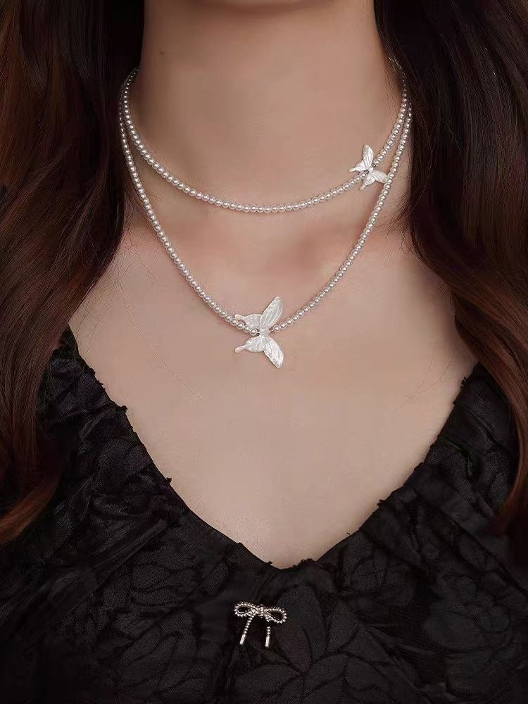 Freshwater Pearl Necklace Set | 3–4mm · Double-Layer Butterfly Design · Shell Detail · S925 Silver Clasp