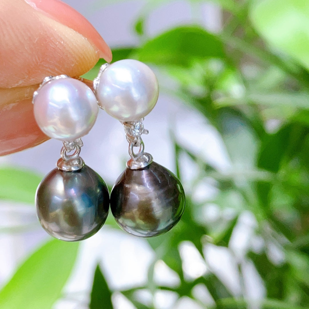 Double Pearl Earrings — 6–7mm Akoya & 8–9mm Tahitian | Black S925 Sterling Silver