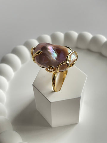 Freshwater Baroque Pearl Ring | 14–16×22–23mm · Iridescent Purple-Champagne · 5–6 Year Natural Growth · Gold-Plated S925 Sterling Silver