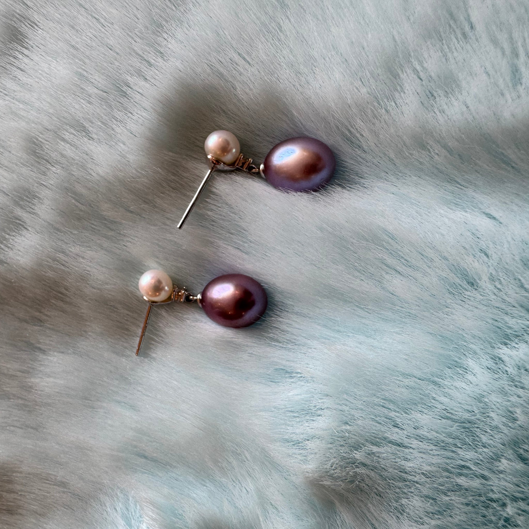 Double Pearl Drop Earrings | White & Purple Freshwater Pearls · 5mm & 8–9mm · Elegant 20mm Length