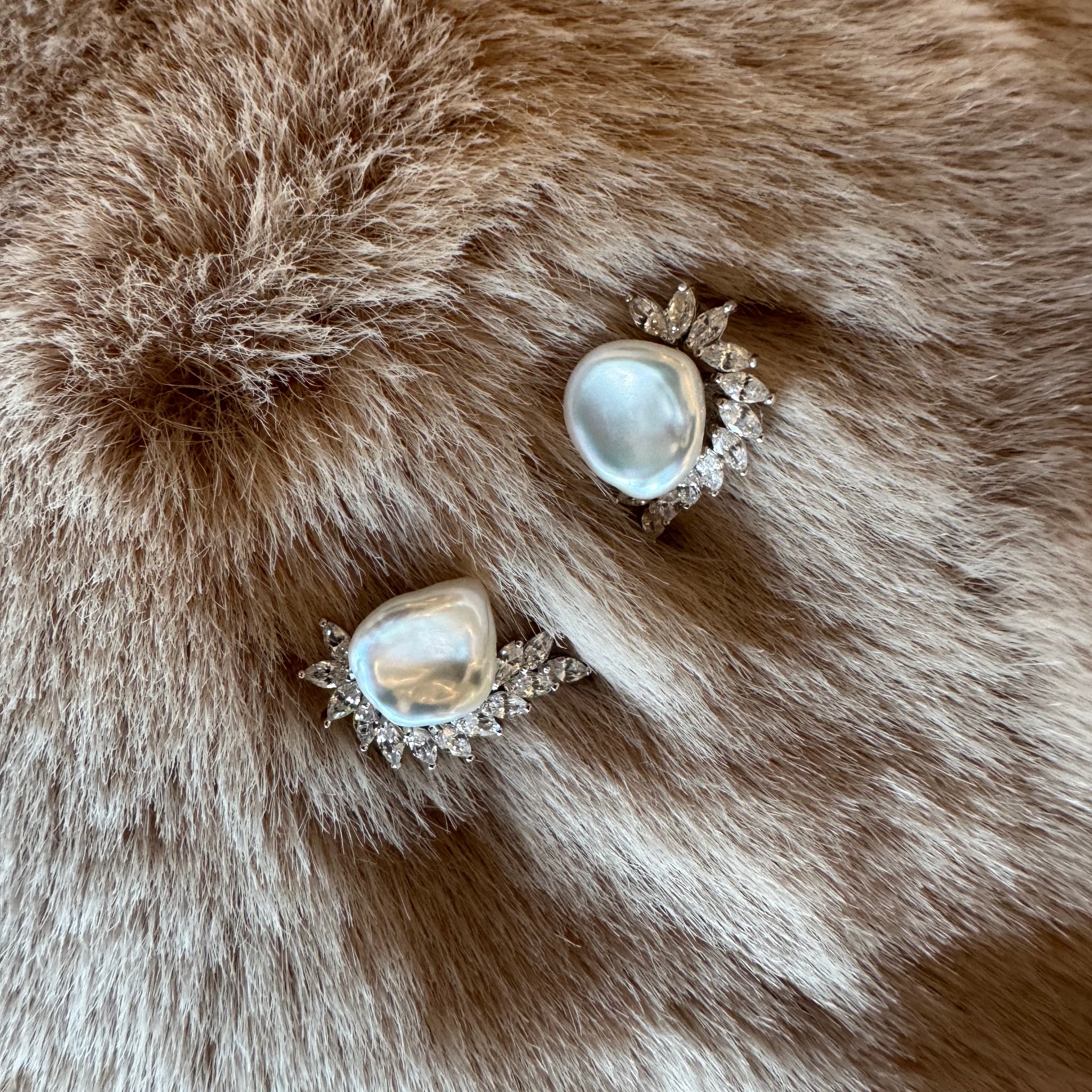 White Keshi Pearl Stud Earrings | 5mm Nucleation-Free Pearls · 9mm Total Size · S925 Silver &amp; Zircon Setting