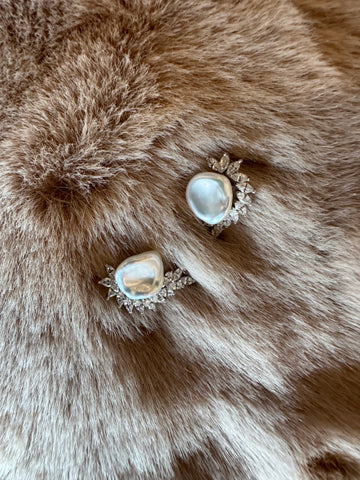White Keshi Pearl Stud Earrings | 5mm Nucleation-Free Pearls · 9mm Total Size · S925 Silver &amp; Zircon Setting