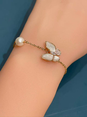 Freshwater Pearl Bracelet | 7mm · Round · Butterfly Shell Design · Adjustable · Anti-Oxidation Metal