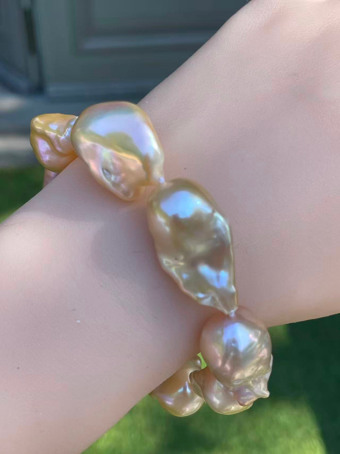 Baroque Freshwater Pearl Bracelet | 21–22cm · Champagne &amp; Light Pink Mix · Iridescent Glow · Leopard Head Clasp with Zircon