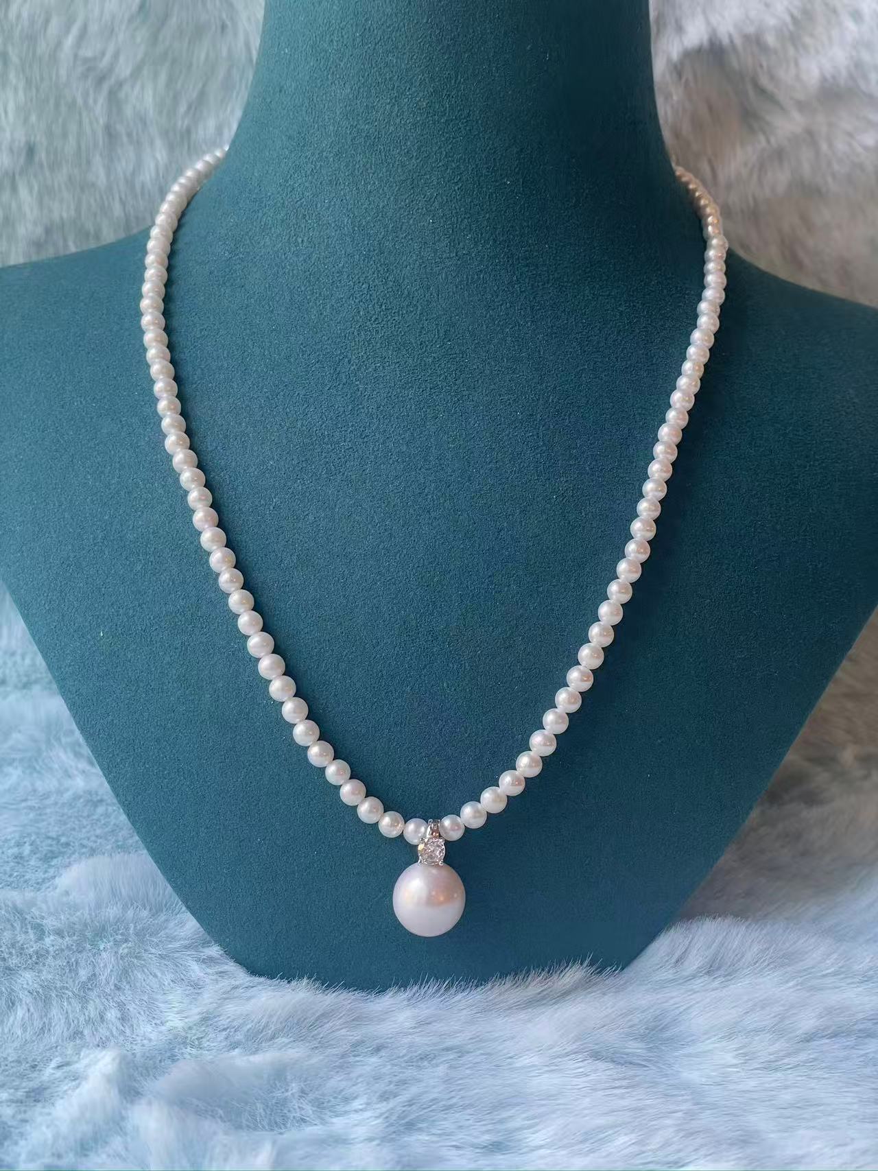 Freshwater Pearl Necklace with Drop Pendant | 4–4.5mm Pearls · 10–11mm Pendant · Sterling Silver Clasp