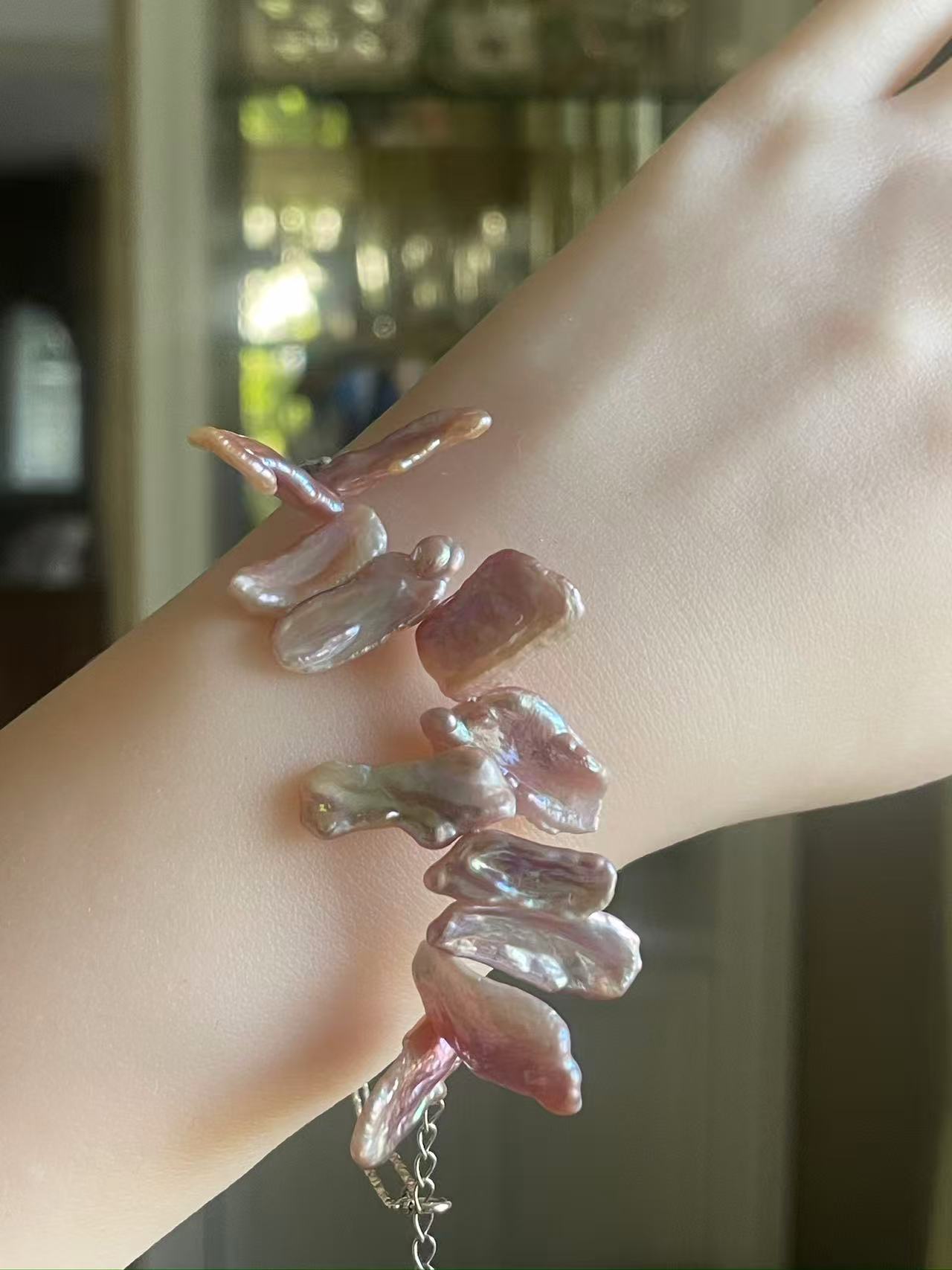 Freshwater Baroque Pearl Bracelet | 12 Pearls · 12–13mm · Natural Pink-Purple Hue · S925 Sterling Silver Rectangular Links