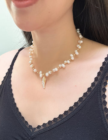 Freshwater Pearl Wing Pendant Necklace | 7–8mm Oval Pearls · 10mm Accent Pearl · Stacked Flat Baroque Pearls · Zircon Wing Pendant · Adjustable Length