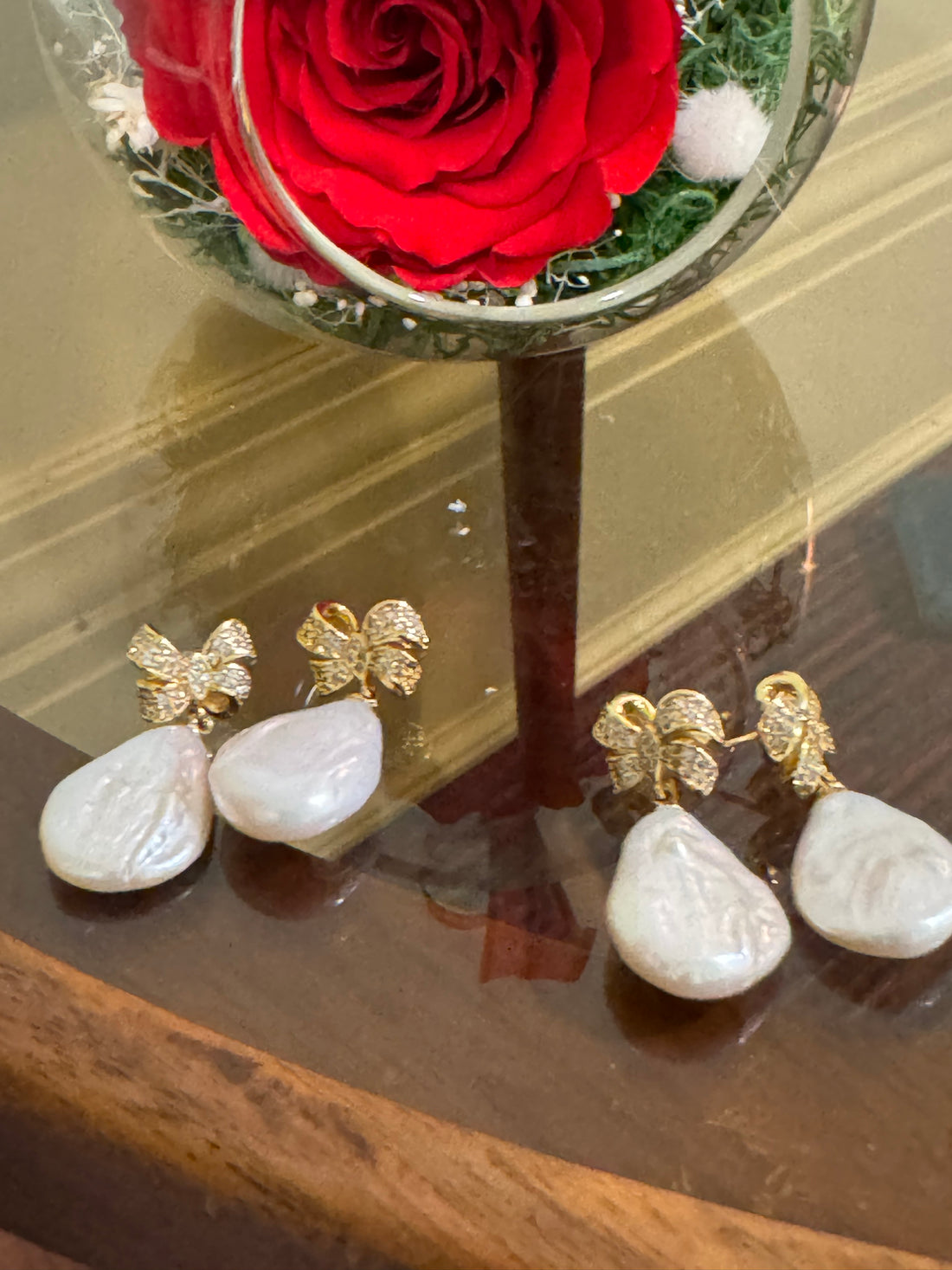 Freshwater Pearl Drop Earrings | 13–18mm · Flat‑Oval · Zircon Bow · Gold‑Tone · 3cm