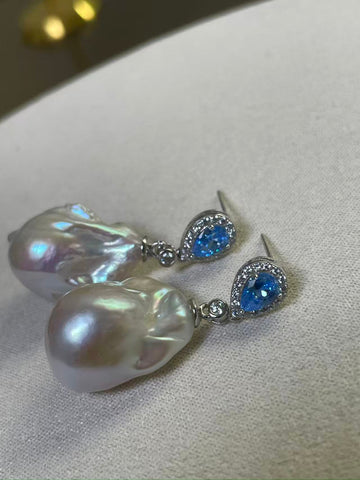 White Baroque Pearl Drop Earrings | 13×20mm · Super Strong Luster · Zircon & Blue Crystal · S925 Sterling Silver