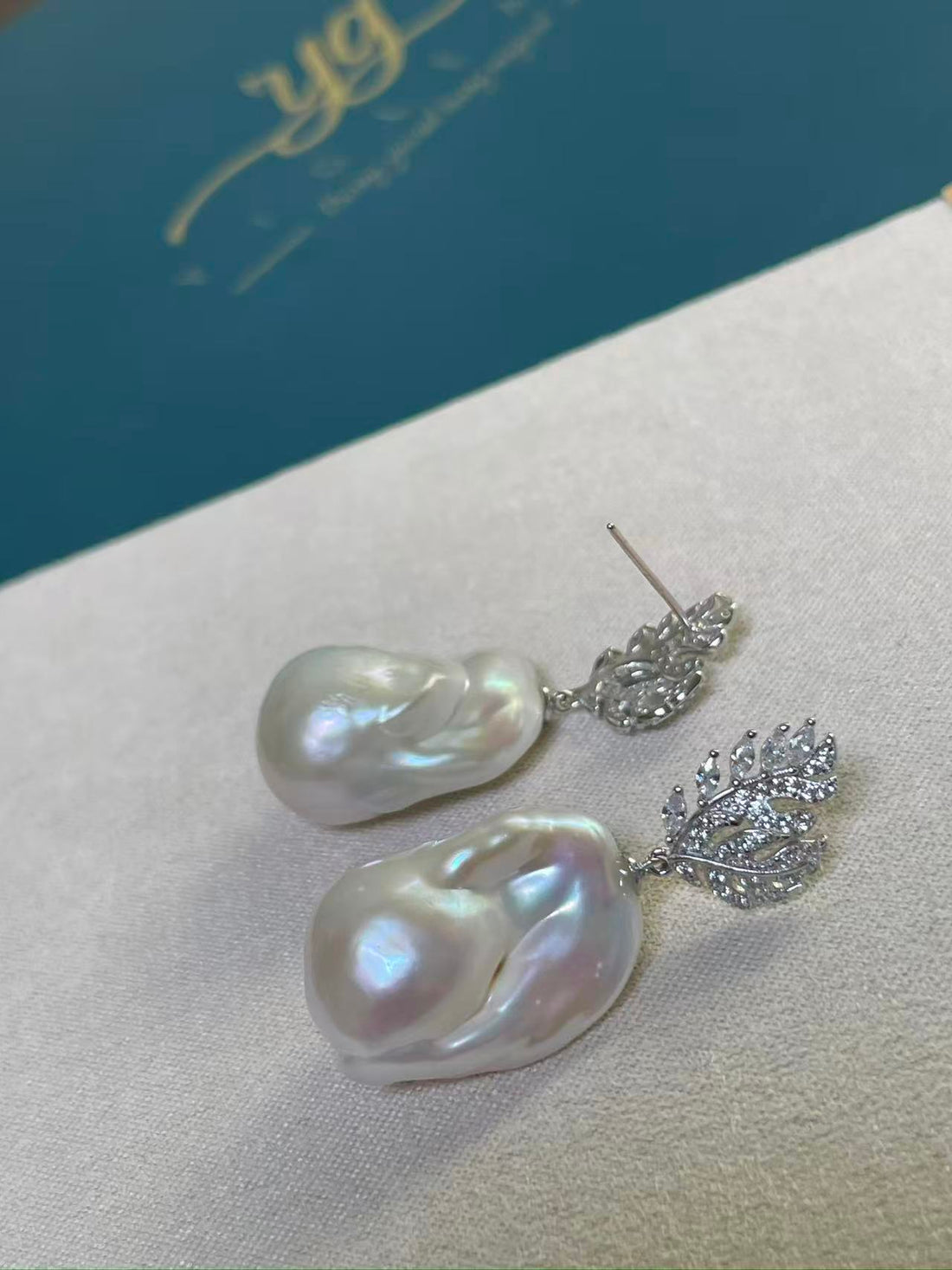 White Baroque Pearl Drop Earrings — 13×23mm · Super Strong Luster · Leaf Design · S925 Sterling Silver