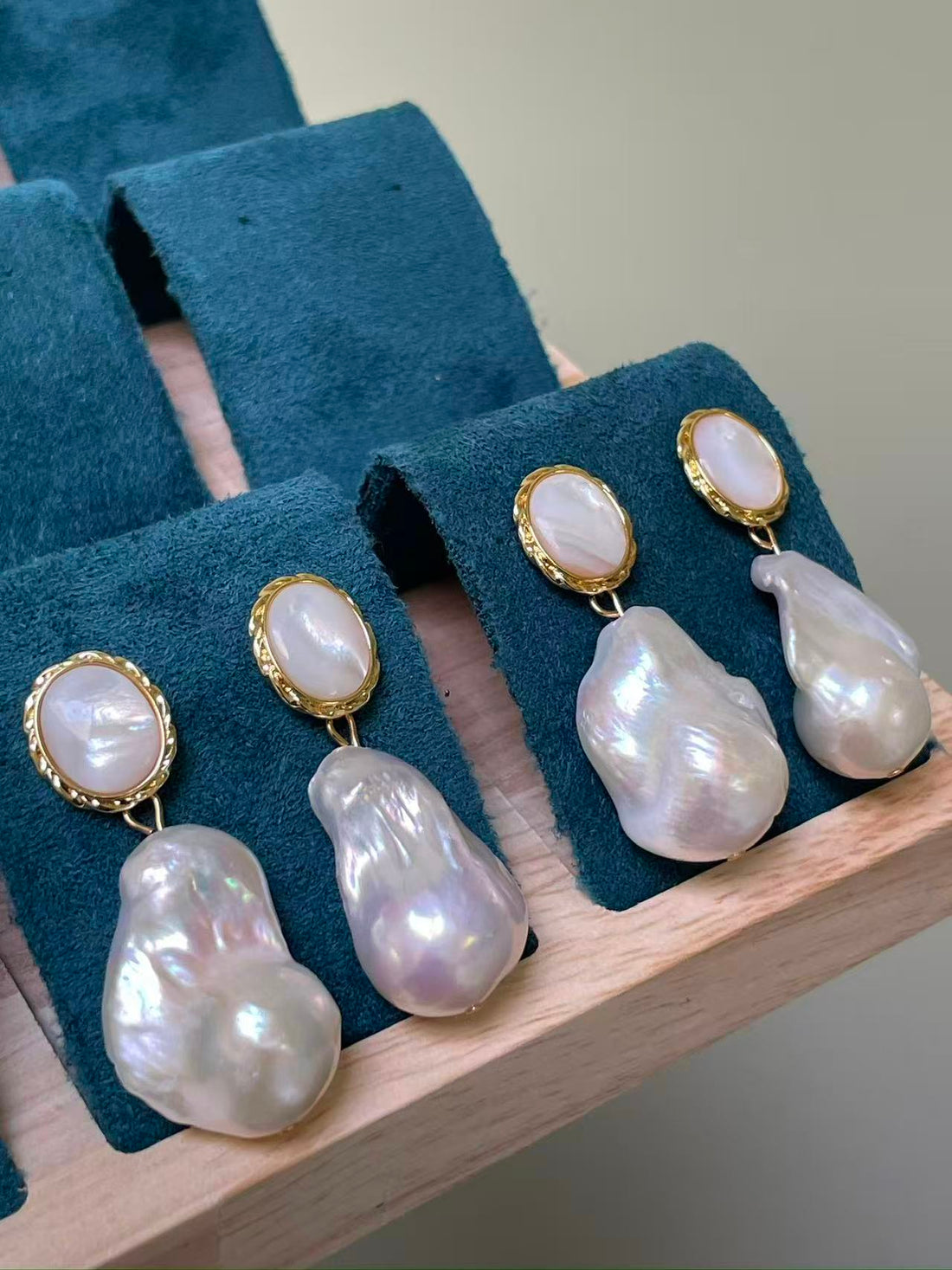 White Baroque Pearl Drop Earrings | 12–13×25–26mm · Exceptional Luster · Gold-Plated · Shell Inlay