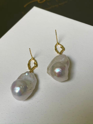 White Baroque Pearl Drop Earrings | 13–14×17×25–26mm · Iridescent White Glow · Gold-Plated Setting · Modern Back Design