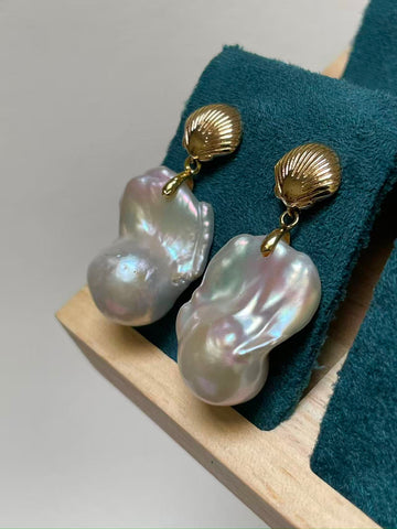 White Baroque Pearl Drop Earrings — Iridescent White · Gold-Plated Shell Back · 13–14×17–19×25–26mm