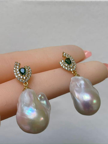White Baroque Pearl Drop Earrings | 12–13×14–15×22–23mm · Thick Nacre · Gold-Plated · Zircon & Green Crystal Accents