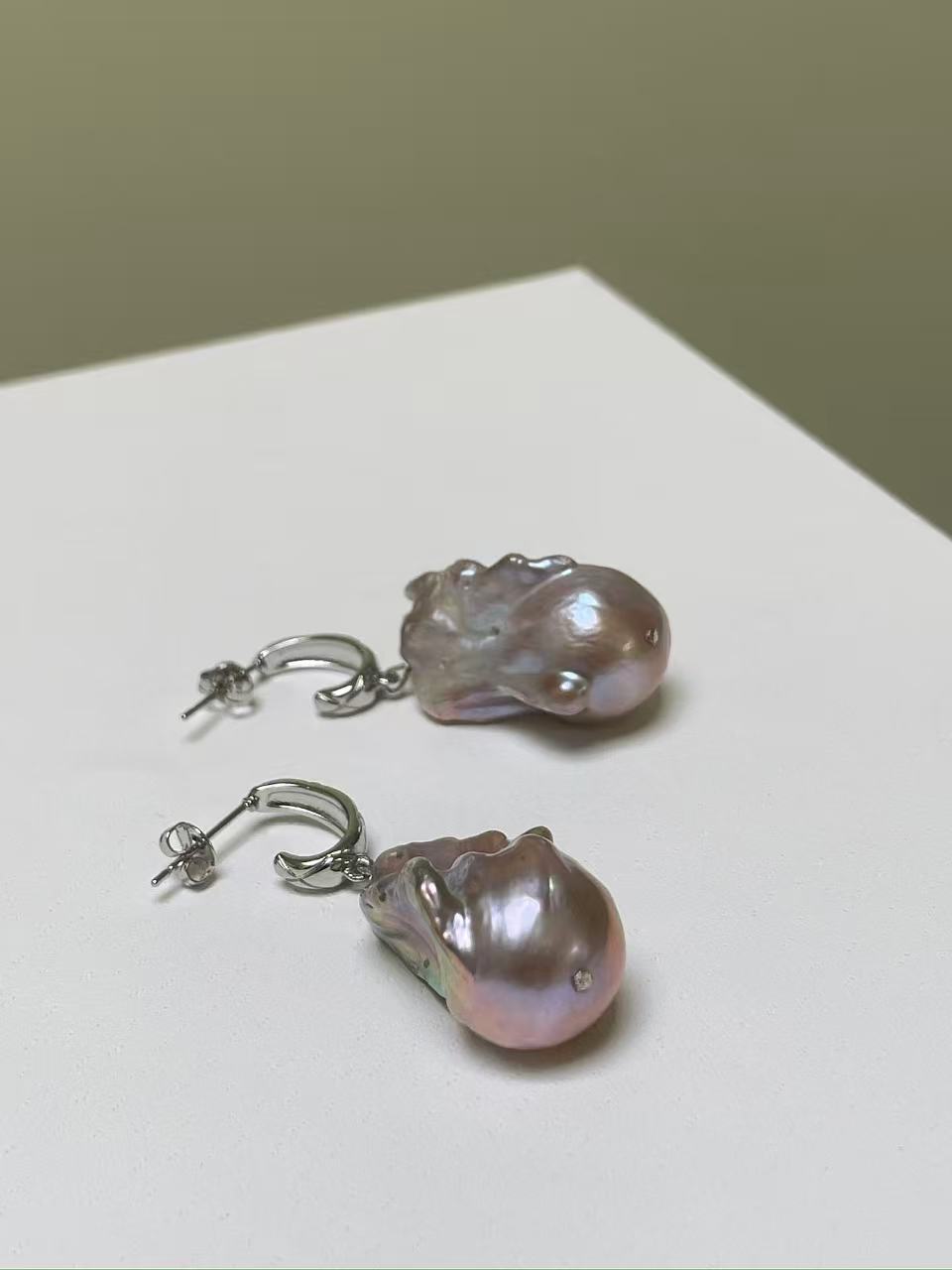 Lavender Baroque Pearl Drop Earrings | 14×15×27mm · Iridescent Glow · Silver-Tone Setting · Hook Design