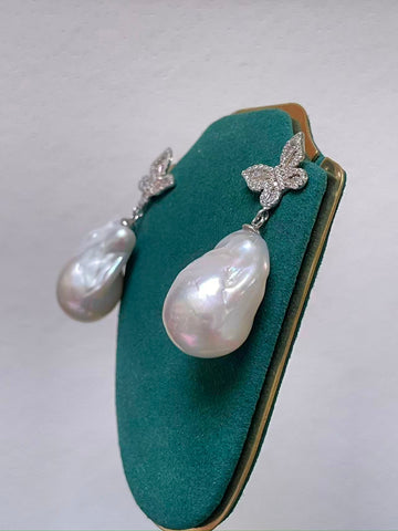 White Baroque Pearl Drop Earrings | 14×15–23mm · Thick Nacre · Strong Luster · S925 Sterling Silver · Zircon Butterfly Design