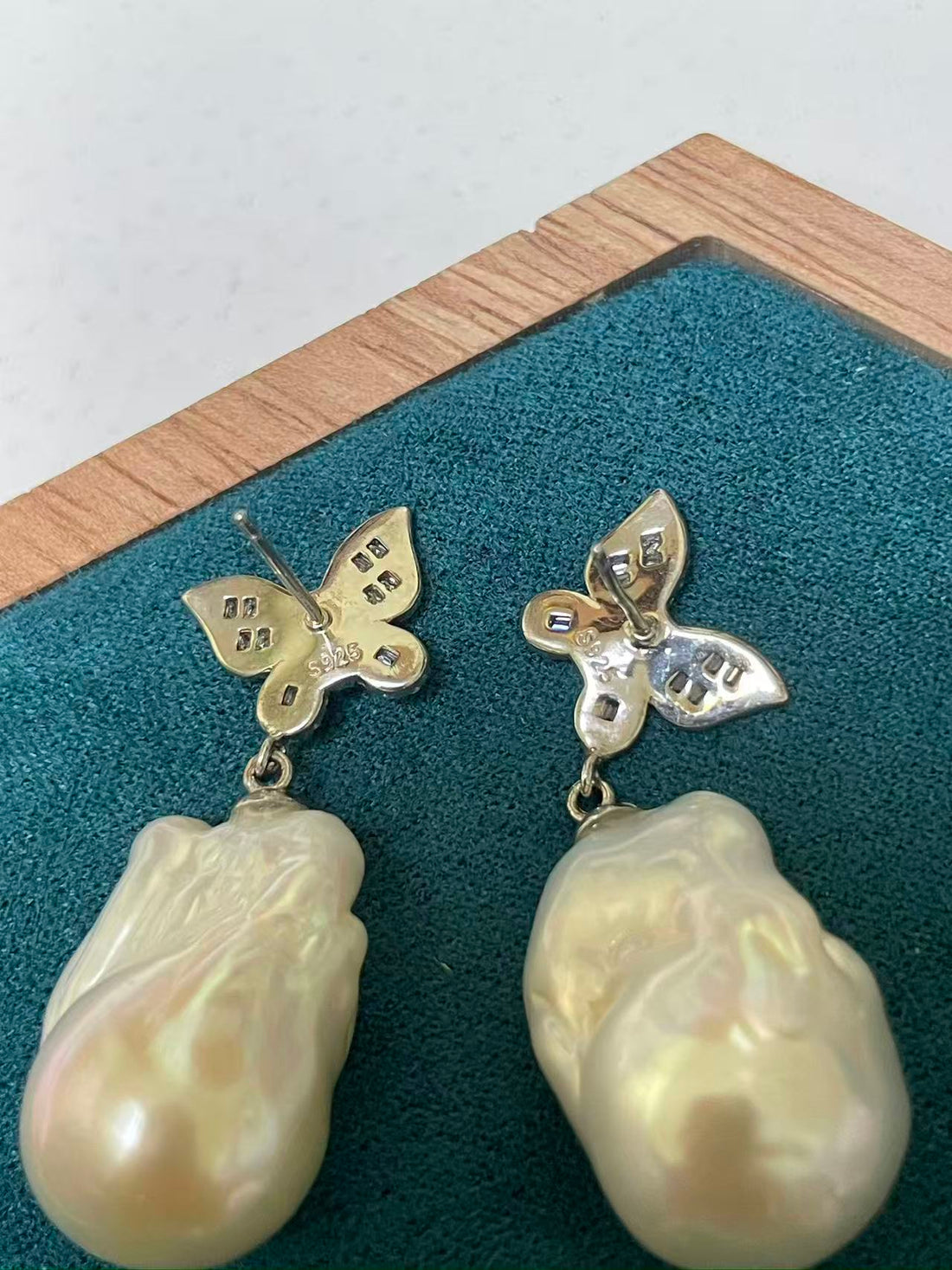 White Baroque Pearl Drop Earrings | 14×15–23mm · Thick Nacre · Strong Luster · S925 Sterling Silver · Zircon Butterfly Design