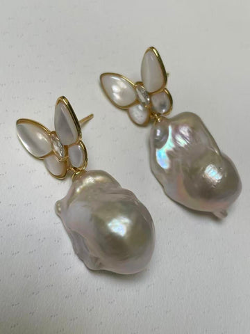 White Baroque Pearl Drop Earrings | 12×14–23mm · Thick Nacre · S925 Sterling Silver · Gold-Plated · Shell Inlay · Butterfly Motif