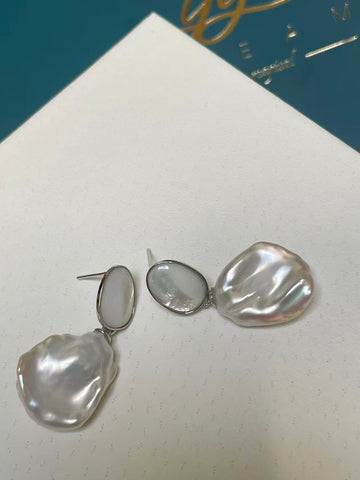 White Baroque Non-Nucleated Pearl Drop Earrings | 7×16×19mm · Thick Nacre · Strong Luster · S925 Sterling Silver · Oval Shell Design