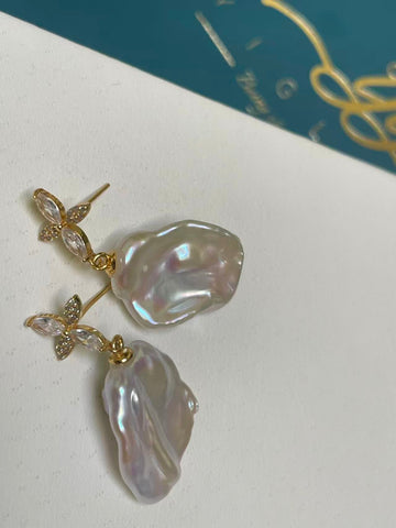 White Baroque Non‑Nucleated Pearl Drop Earrings — 7×15–16×20–22mm, Gold‑Plated with Zircon & Crystal Accents