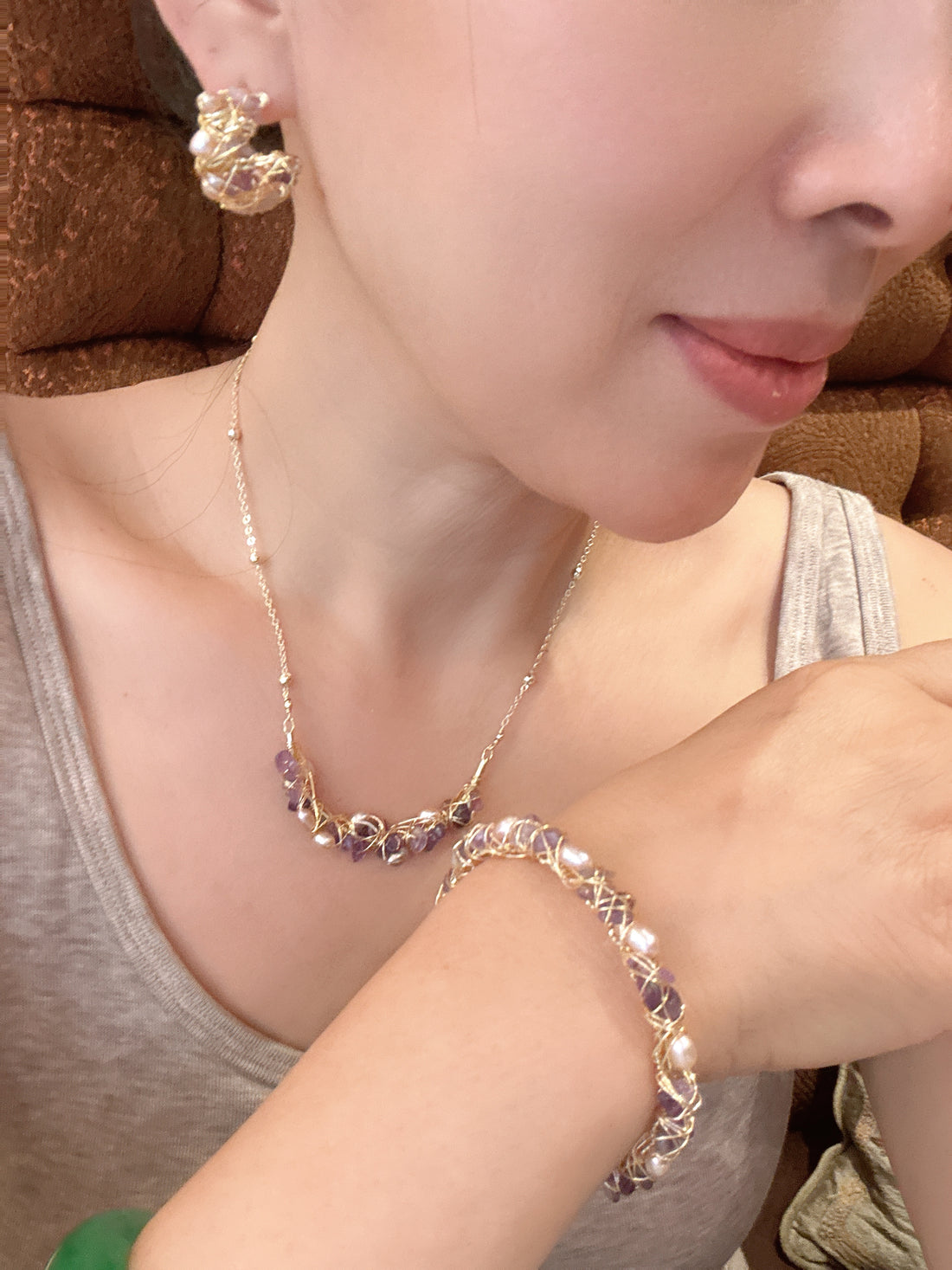 Light-Purple Freshwater Pearl Jewelry Set | Necklace · Earrings · Bracelet · 5–6mm · Handwoven Design