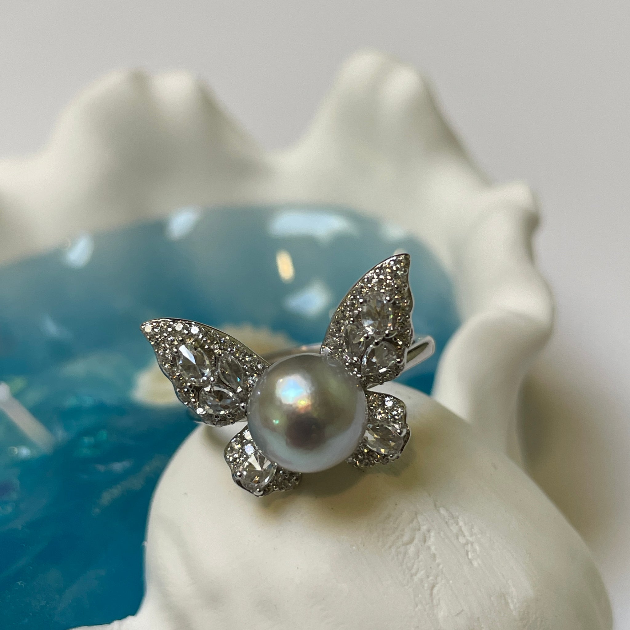 Bague papillon en perle d'Akoya | 7,5–8 mm · Argent S925 · Anneau ouvert réglable