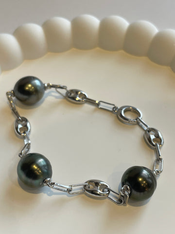 Tahitian Pearl Bracelet | 11–12mm · Black with Subtle Blemishes · S925 Sterling Silver · 19cm Length · Vintage Style · Random Shipment