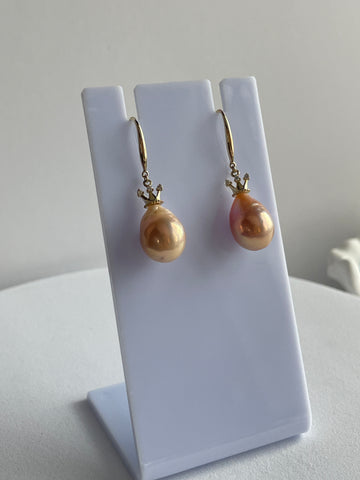 Freshwater Baroque Pearl Drop Earrings | 10×12mm · Champagne Teardrop · Gold-Tone Anti-Tarnish Metal · 33–35mm Length