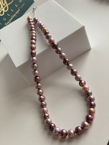 Freshwater Pearl Necklace | 8–9mm · Rare Iridescent Purple · Near-Perfect Round · Silver Clasp · 45cm