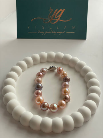 Freshwater Pearl Bracelet | 9–12mm · Alternating Iridescent Purple &amp; Champagne · Near-Flawless · Silver Ingot Clasp · 20cm · Random Shipment