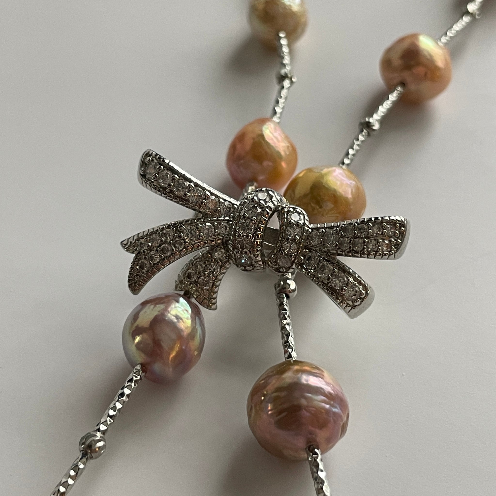 Freshwater Baroque Pearl Necklace | 9–14mm · Iridescent Champagne · Silver-Tone Metal · Bow Clasp · 80cm Length