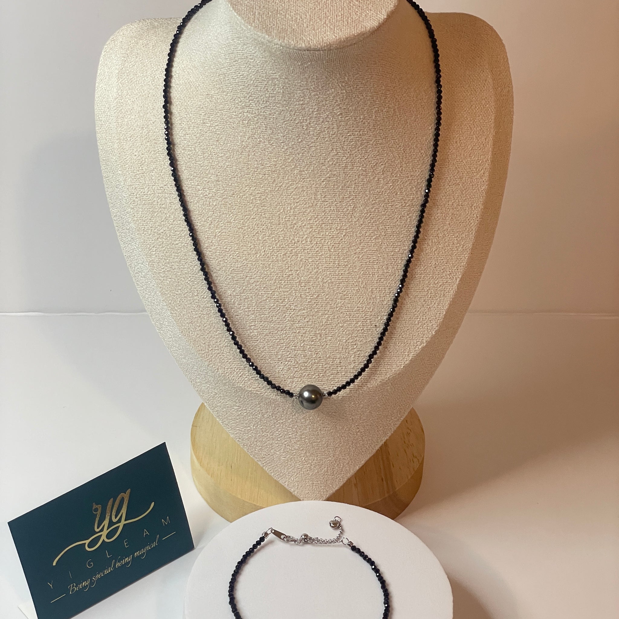 Tahitian Pearl Necklace & Bracelet Set | 9–10mm · Round · High Luster · Spinel Design · S925 Silver