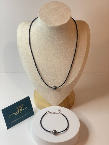 Tahitian Pearl Necklace & Bracelet Set | 9–10mm · Round · High Luster · Spinel Design · S925 Silver