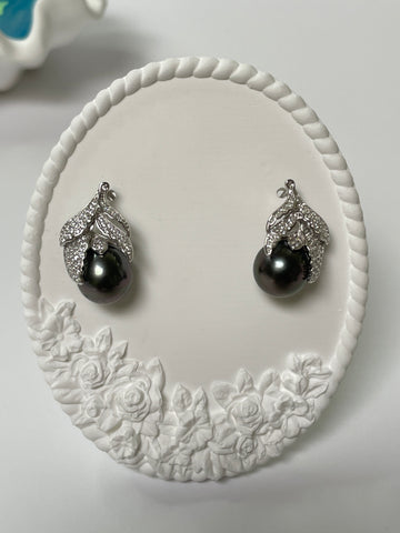 Tahitian Pearl Drop Earrings | 10–11mm · Teardrop Shape · Peacock Overtone · S925 &amp; Zircon Leaf Design