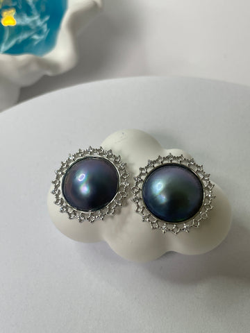 Mabe Pearl Earrings | 15–16mm · Blue Ocean Hue · High Luster · S925 Filigree Halo Design