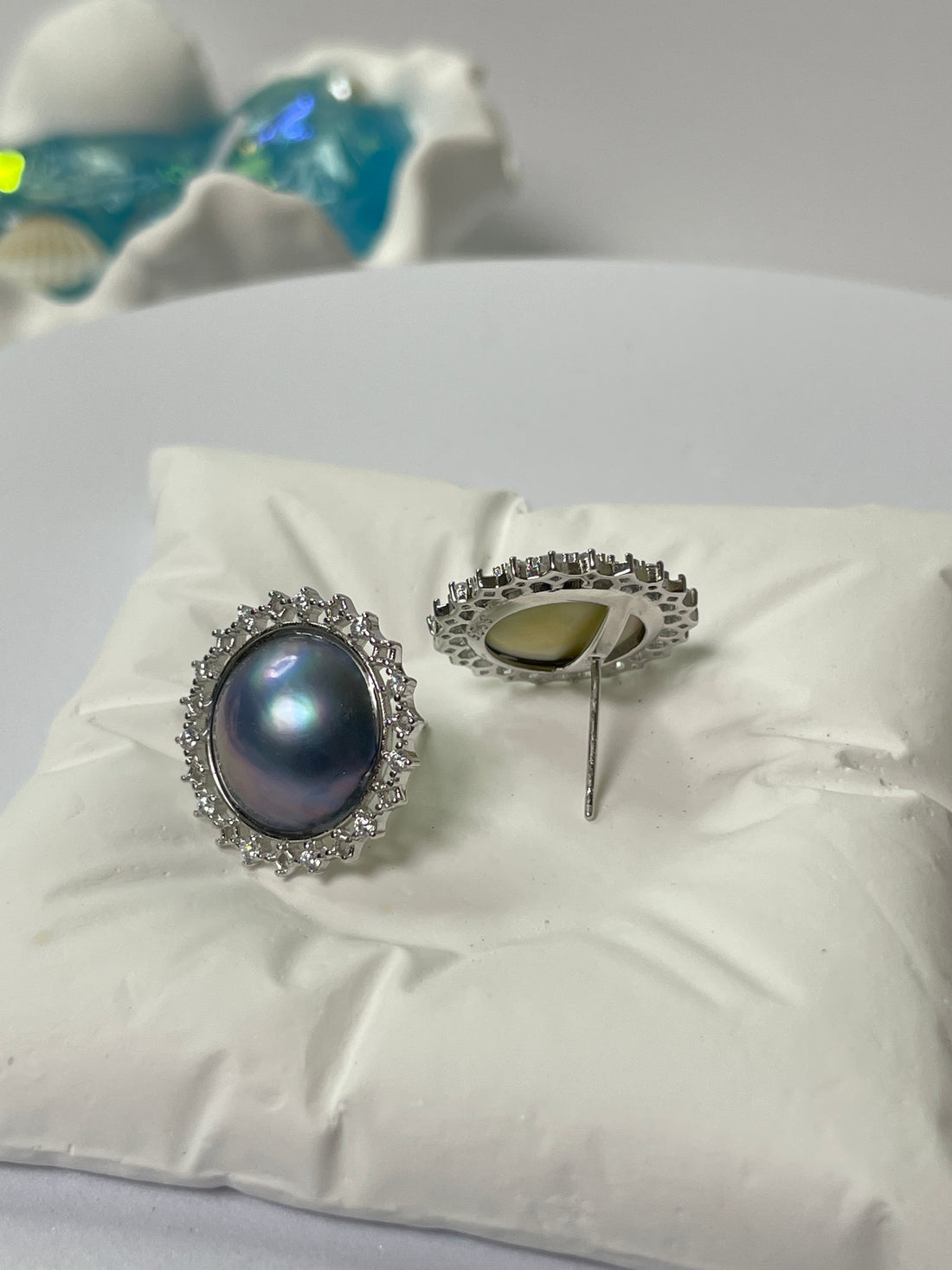 Mabe Pearl Earrings | 15–16mm · Blue Ocean Hue · High Luster · S925 Filigree Halo Design