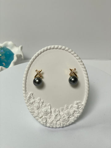 Tahitian Pearl Cross Earrings | 8.9mm · Round · Peacock Overtone · Gold-Plated S925 &amp; Zircon Design