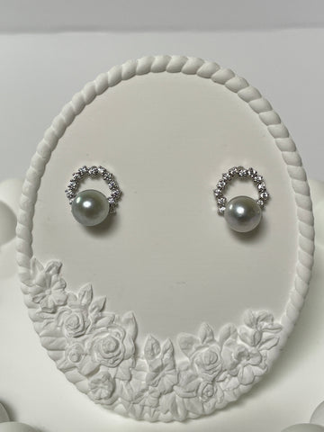 Akoya Pearl Halo Earrings | 7.6–7.9mm · Round · High Luster Gray Tone · S925 &amp; Zircon Circular Design