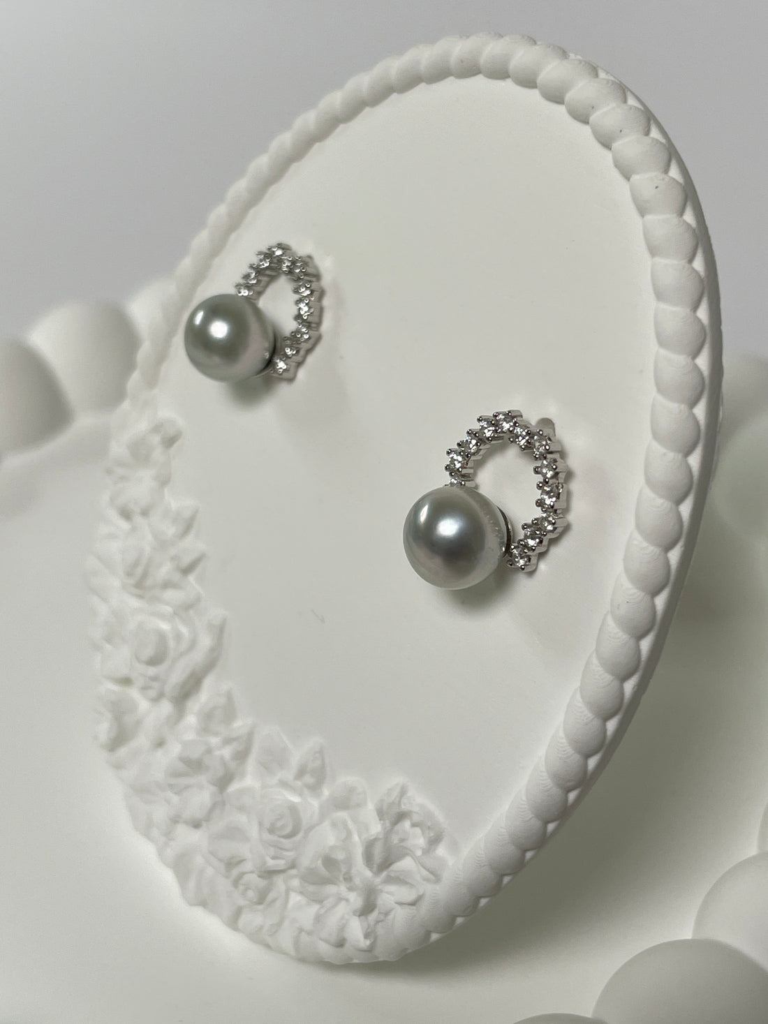 Akoya Pearl Halo Earrings | 7.6–7.9mm · Round · High Luster Gray Tone · S925 &amp; Zircon Circular Design