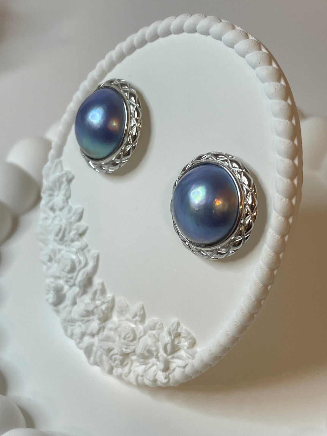 Blue Mabe Pearl Stud Earrings | 15–16mm · Rare Ocean Hue · High Luster · S925 Setting