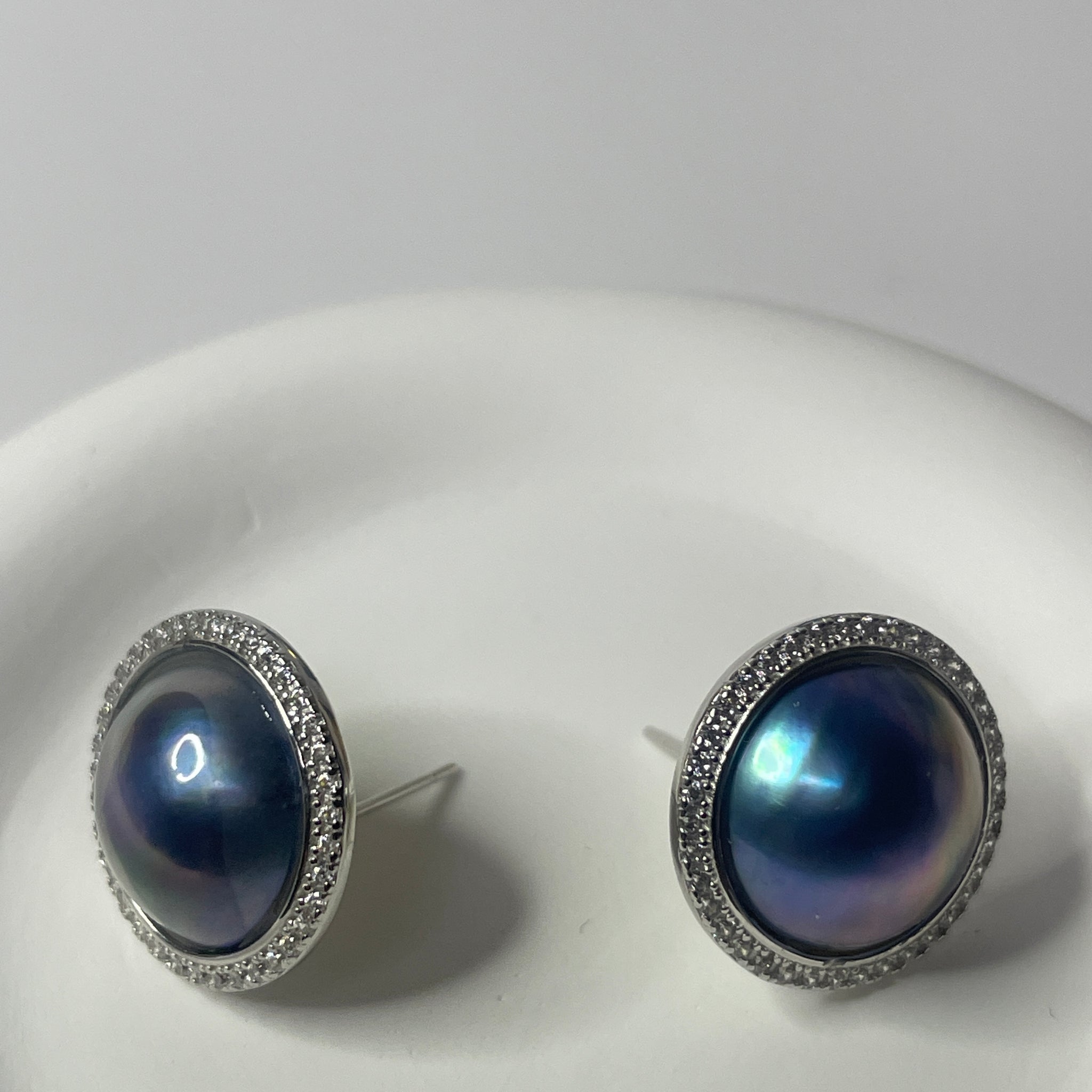 Blue Mabe Pearl Stud Earrings | 13–14mm · Round · High Luster · S925 &amp; Zircon Halo Design