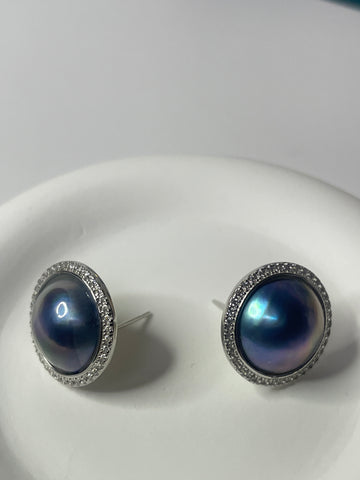 Blue Mabe Pearl Stud Earrings | 13–14mm · Round · High Luster · S925 &amp; Zircon Halo Design