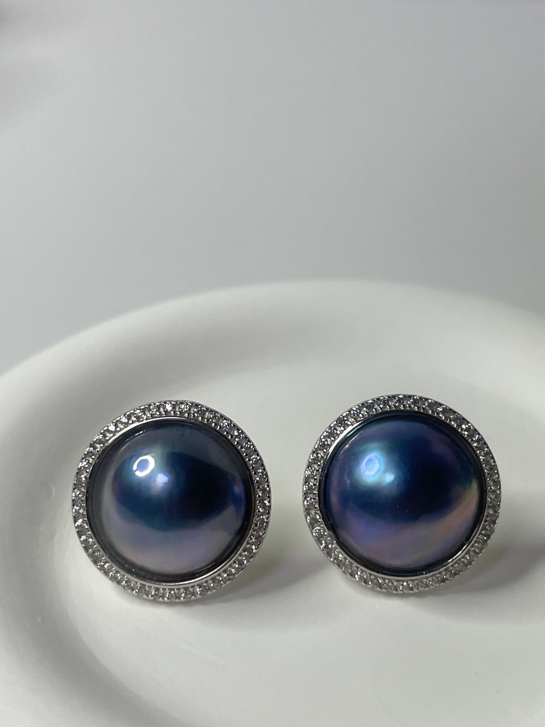 Blue Mabe Pearl Stud Earrings | 13–14mm · Round · High Luster · S925 &amp; Zircon Halo Design